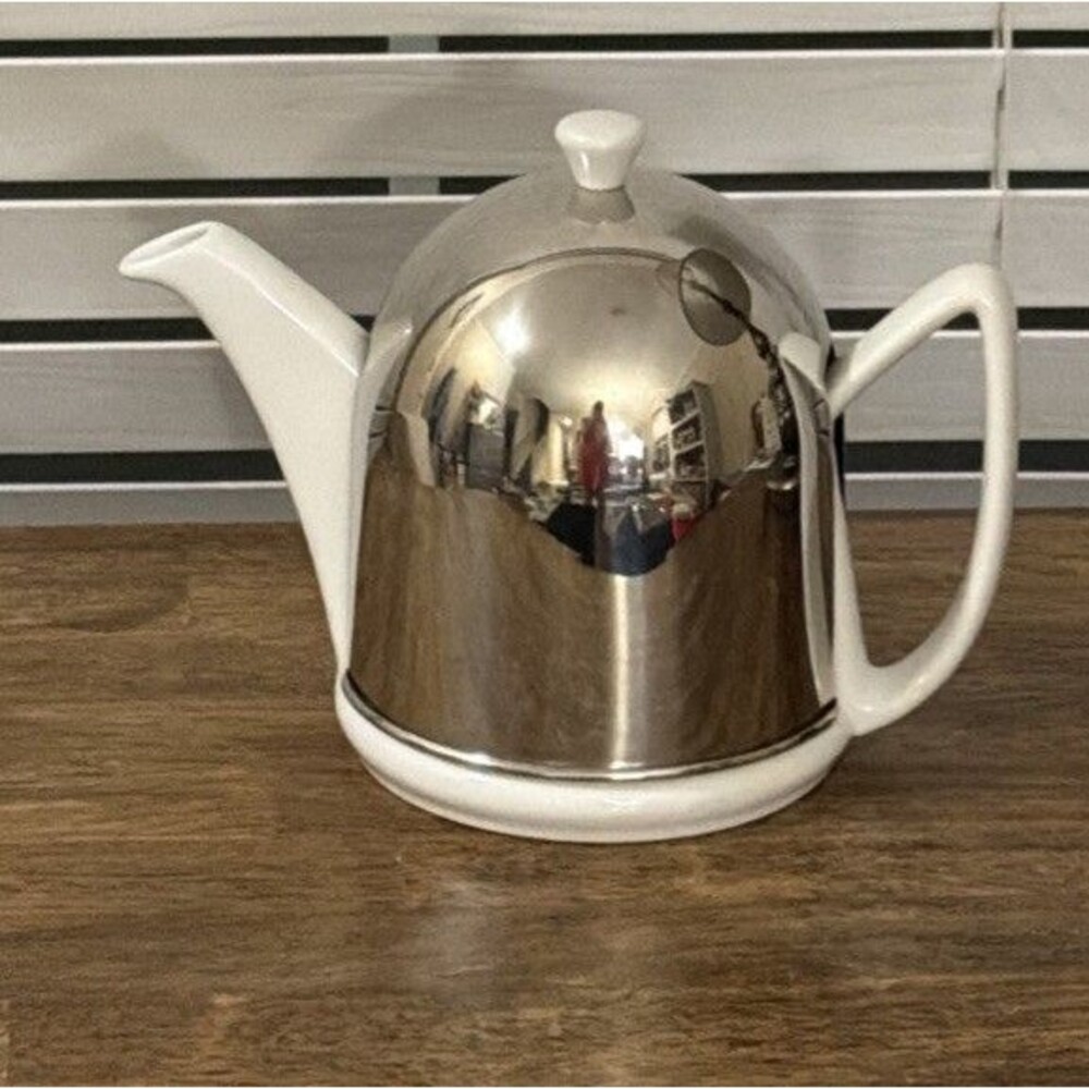 Vintage MCM  Bredemeijer White Porcelain & Chrome Cased Teapot, 4 Cup Capacity